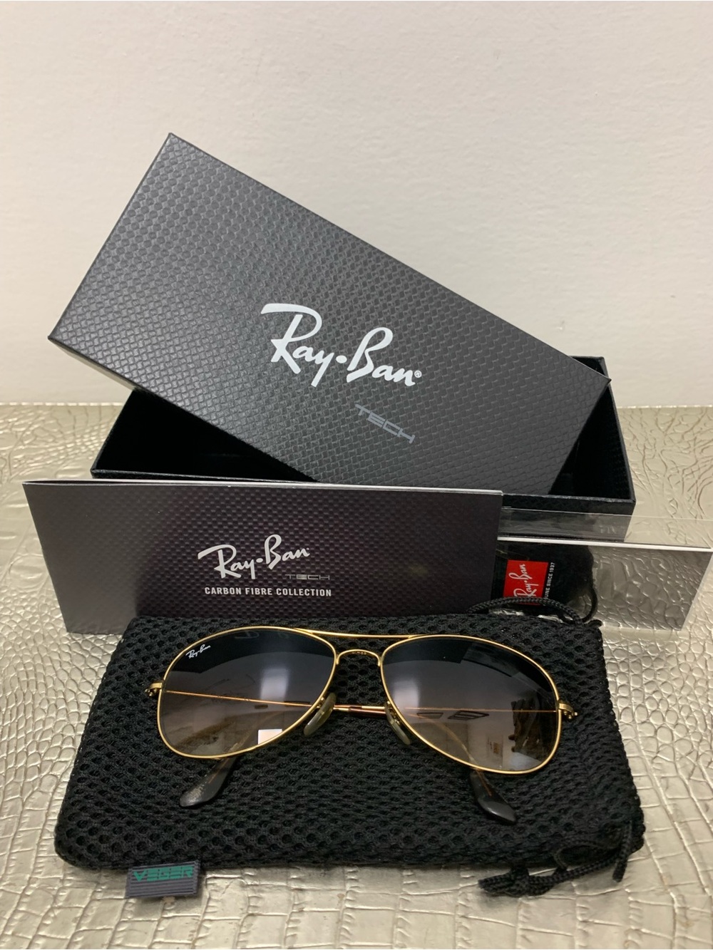 Ray-Ban Gold Frame Sunglasses with Brown-Gray Gradient Lenses